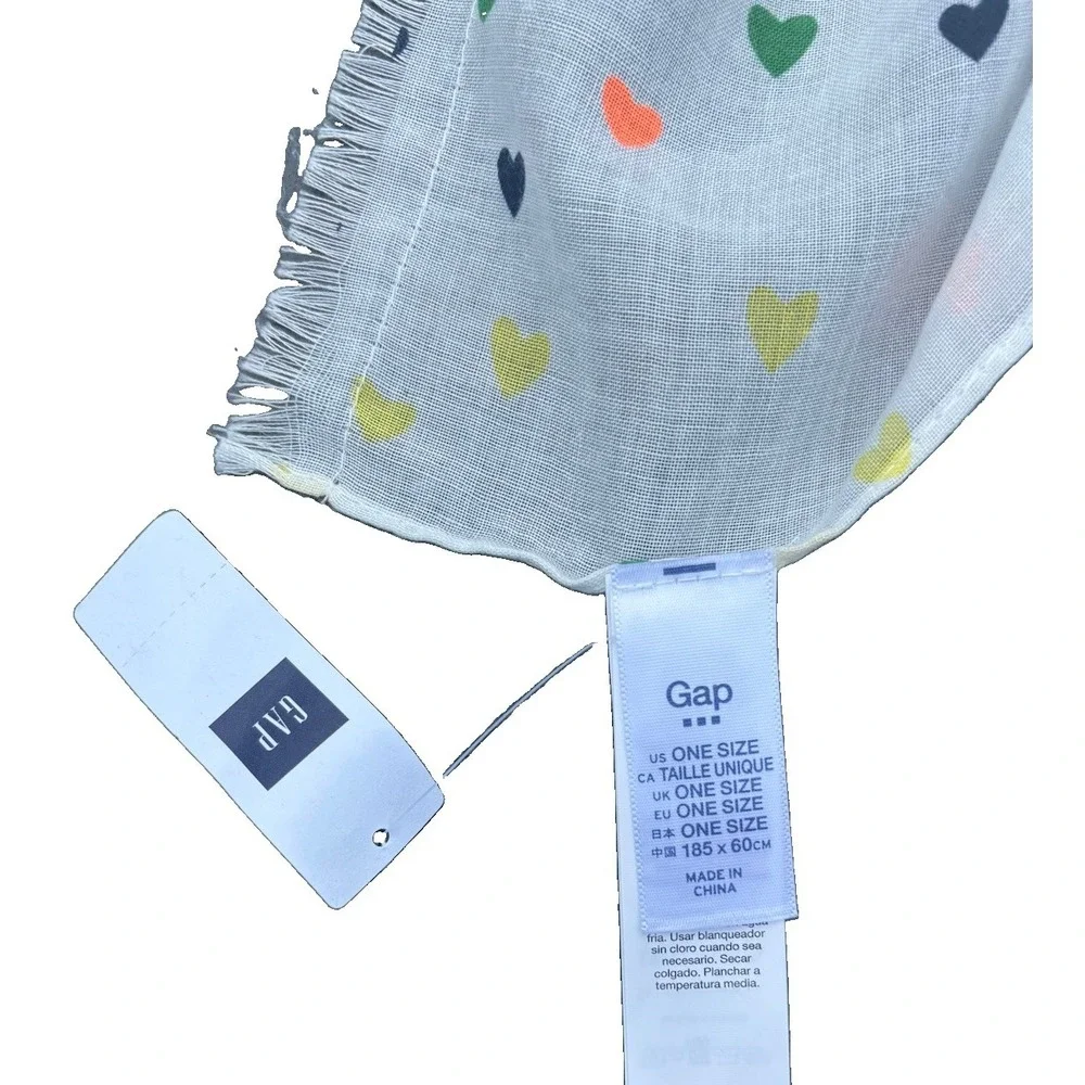 Gap Scarf Multi Color Heart Print On White Fringes 6 Ft Long Polyester New